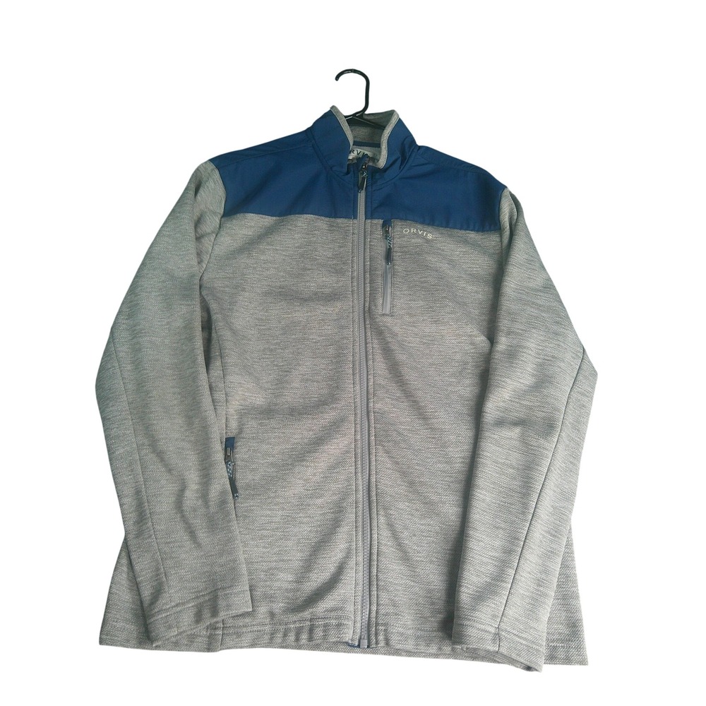 Orvis Classic Collection Men's Medium Greige Navy Blue Full Zip Fleece Jacket